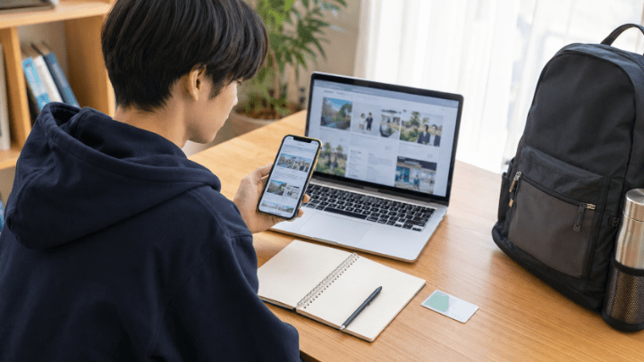 公式サイトでオープンキャンパスの参加条件を確認する高校生